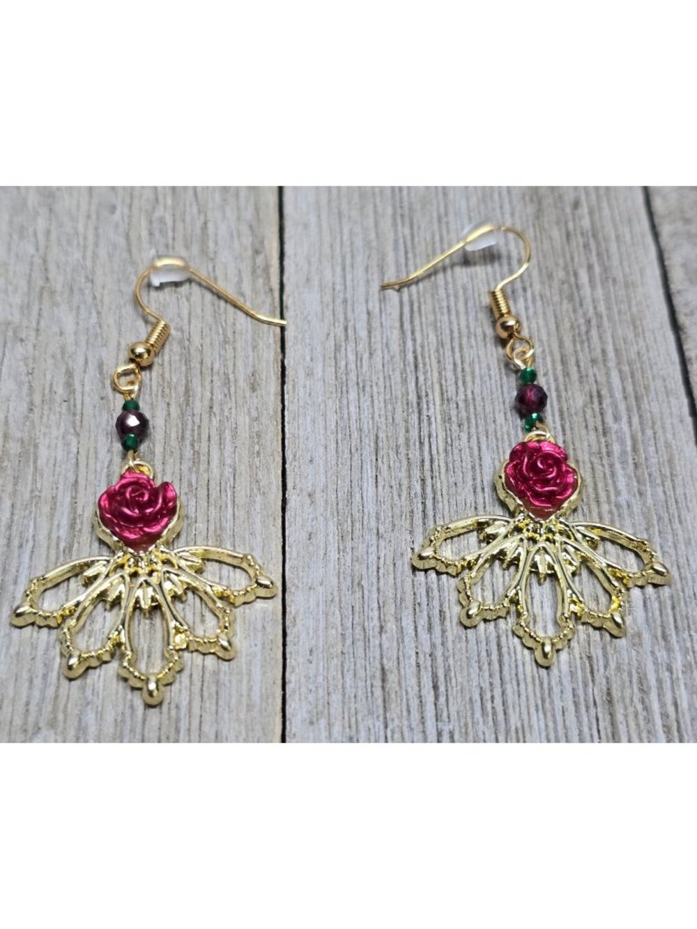 Handcrafted 18k gold plated emerald and garnet ornate dangle rose earrings